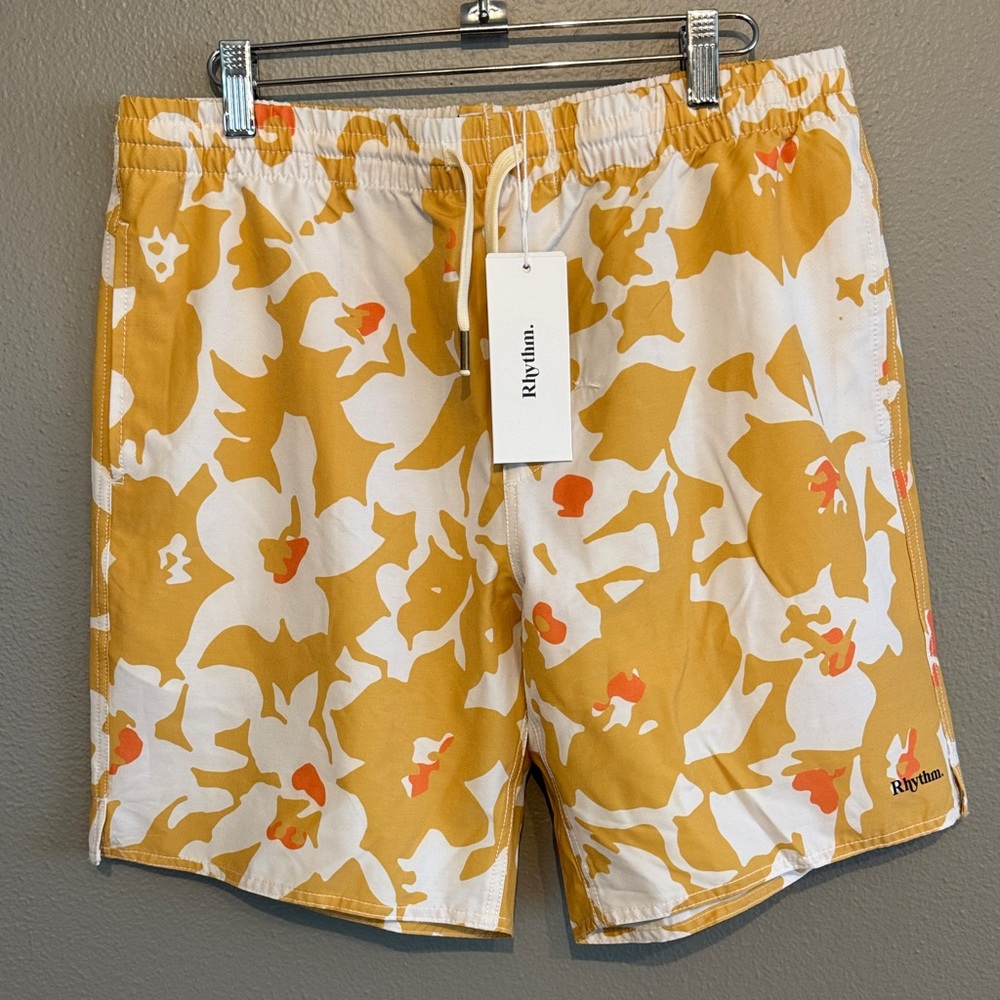 Rhythm. Men’s Mustard Floral Swim Shorts with Orange Accents